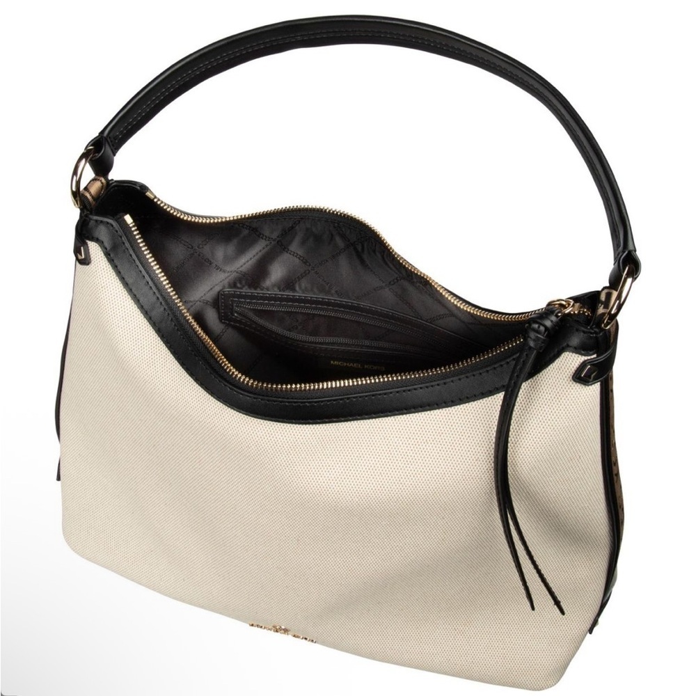 NEW $358 Michael Kors Maeve Large Hobo Bag Cream Beige Black Canavas Leather